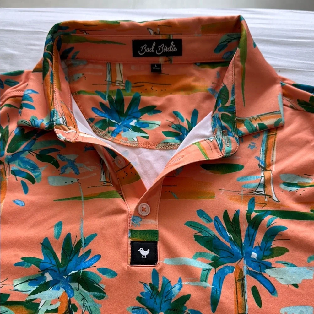Bad Birdie Orange and Blue Polo Shirt with Tropical Design - Picture 2 of 2